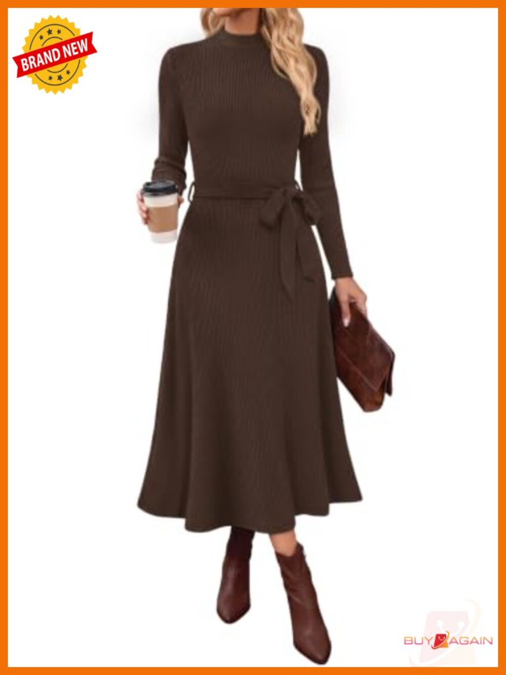 OFEEFAN Long Sleeve Mock Neck Tie Waist Ribbed Knit Midi Dress with Pockets